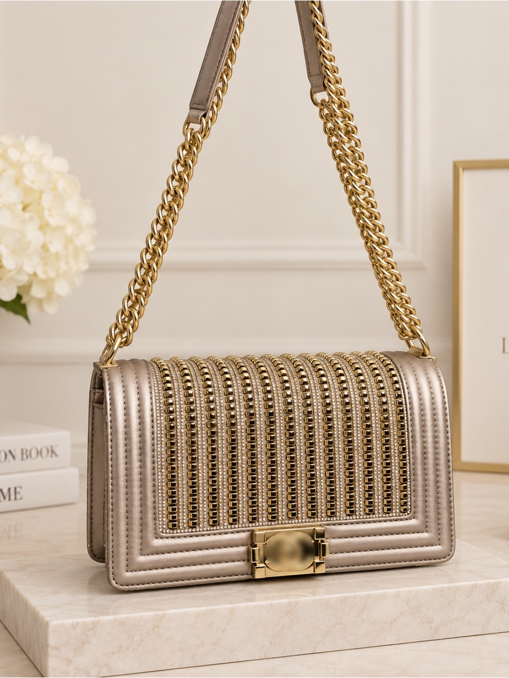 Metallic Gold Chain-Detail Shoulder Bag